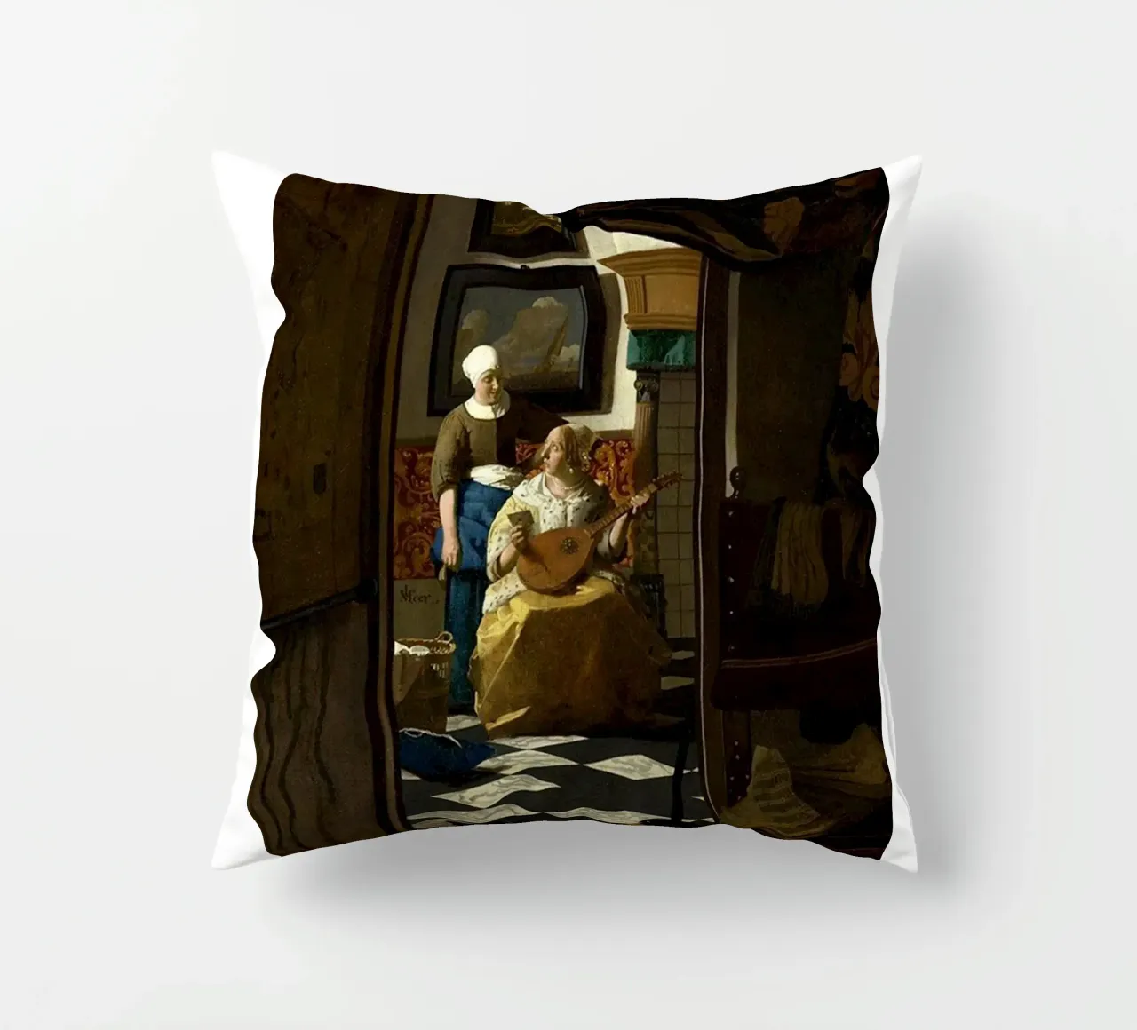 vermeer - una donna riceve una lettera d'amore da un servo cuscino da The Dinda