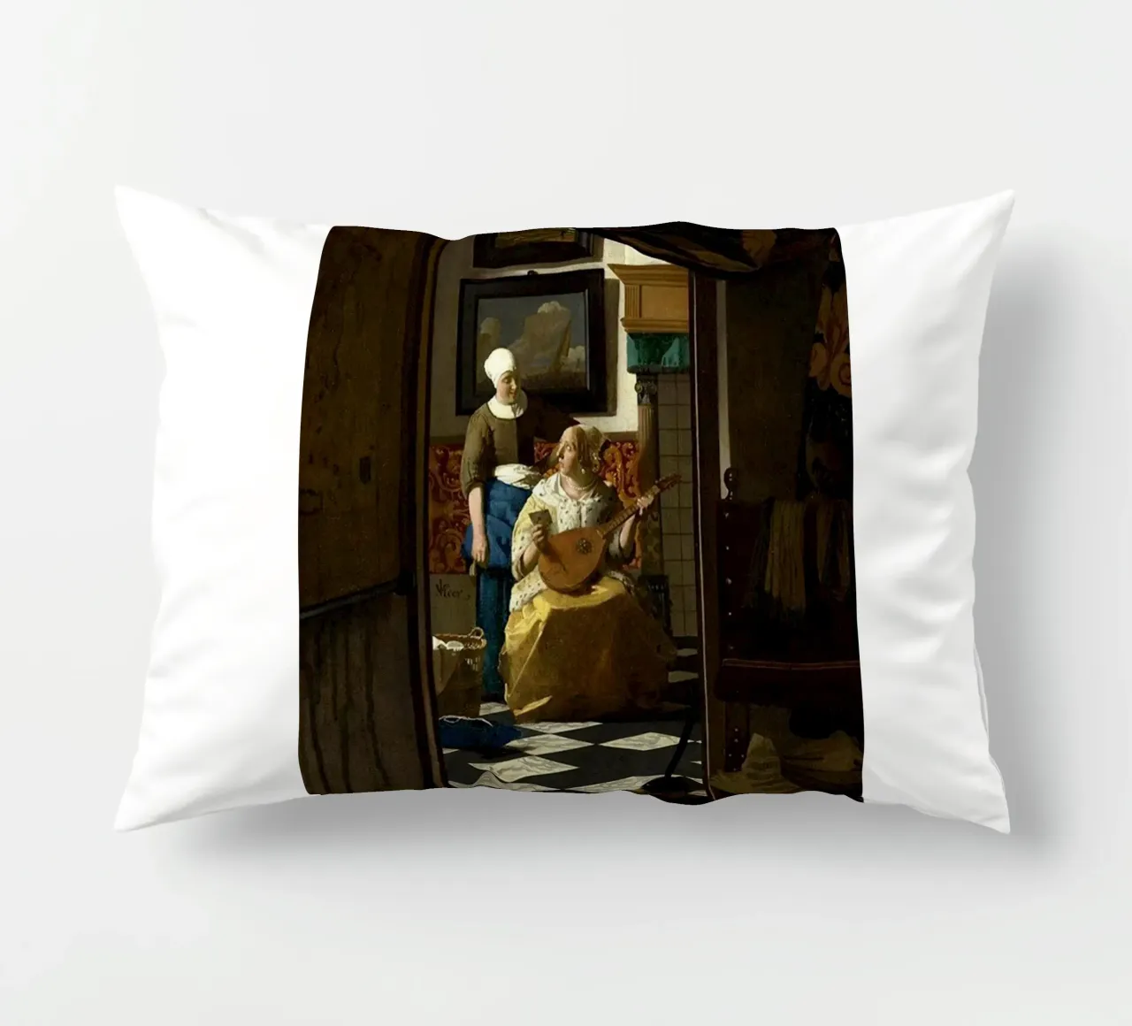 vermeer - una donna riceve una lettera d'amore da un servo cuscino da The Dinda