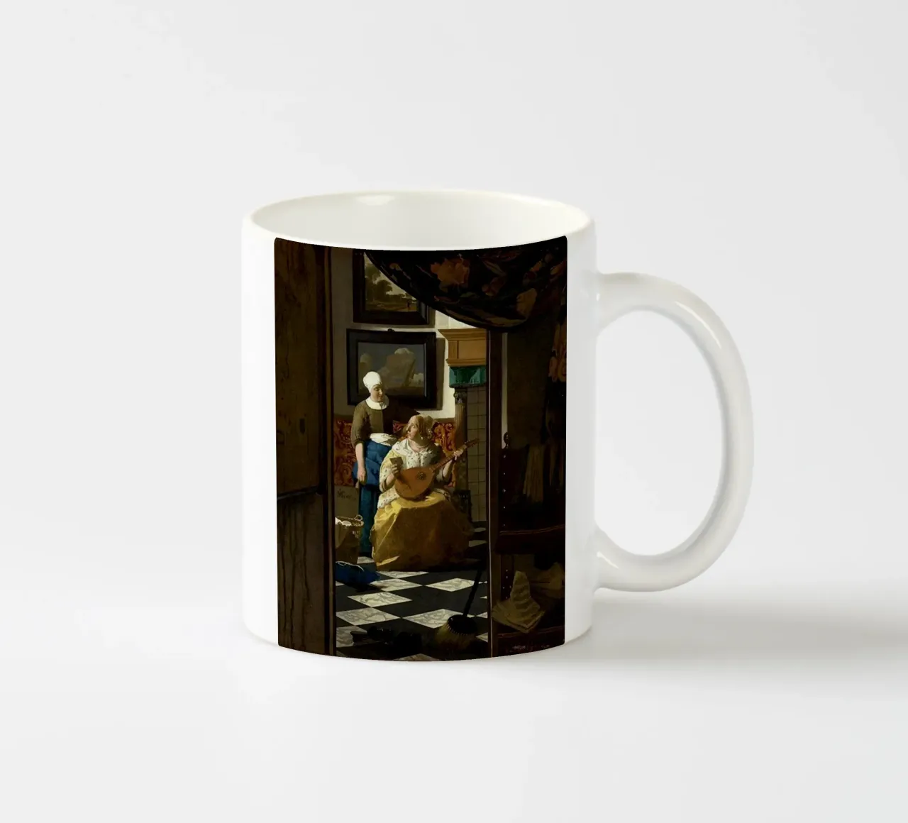 vermeer - una donna riceve una lettera d'amore da un servo tazza in ceramica da The Dinda
