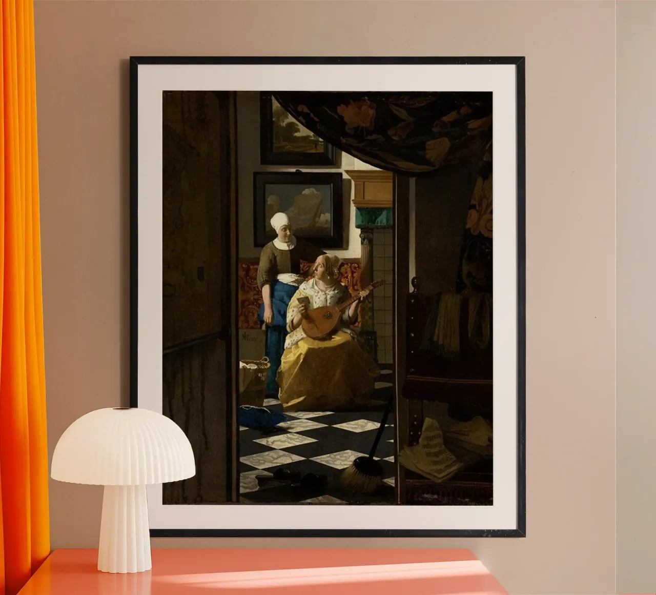 vermeer - una donna riceve una lettera d'amore da un servo poster con telaio in plastica da The Dinda