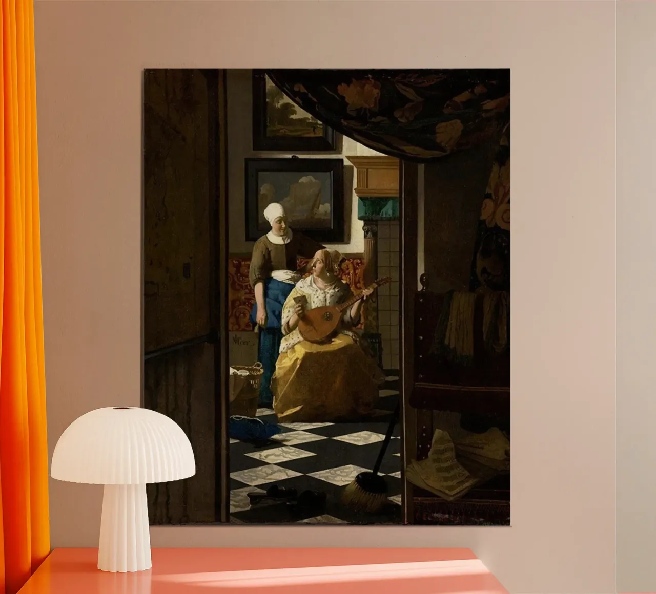 vermeer - una donna riceve una lettera d'amore da un servo poster con telaio in plastica da The Dinda