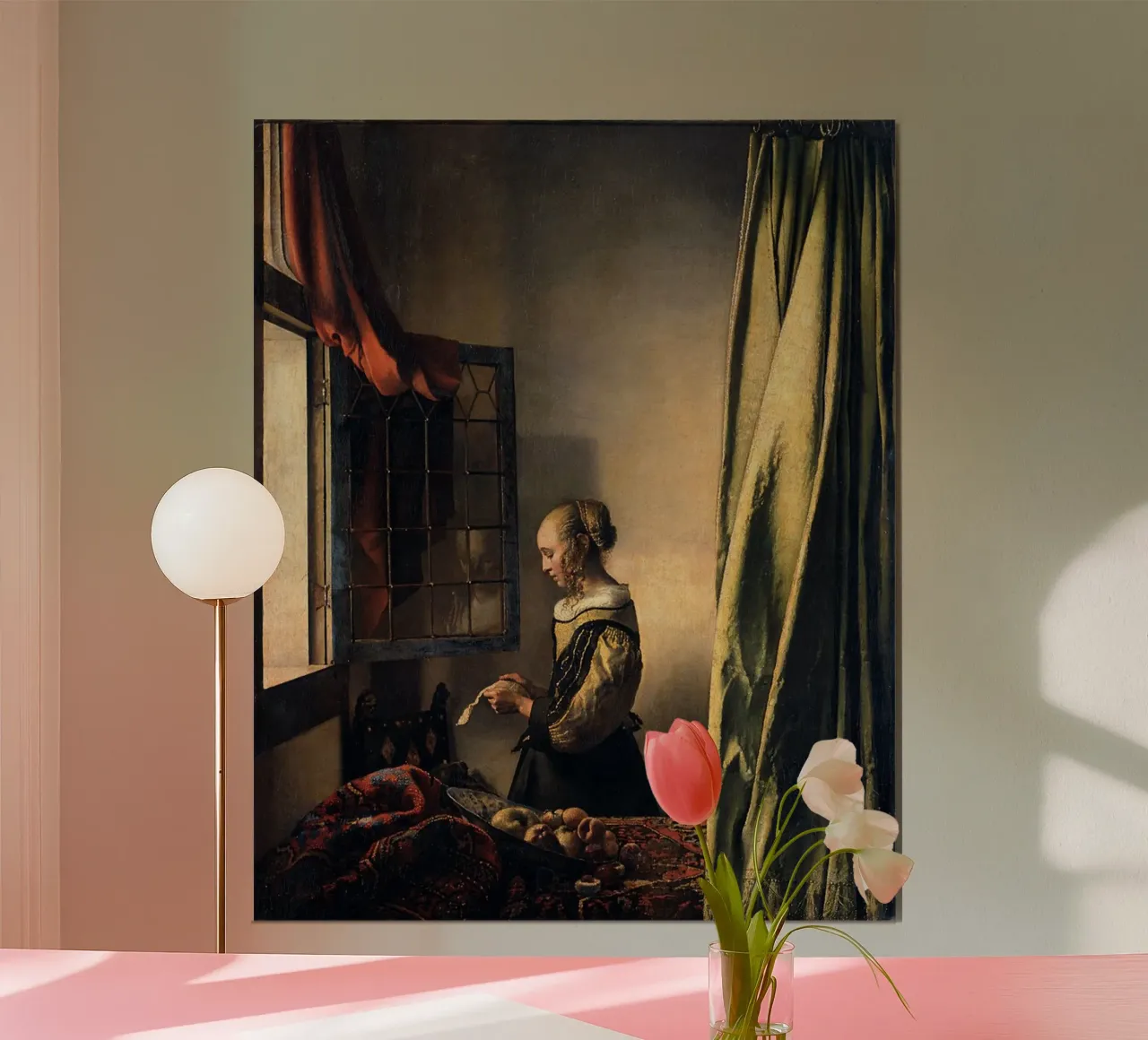 vermeer - jeunes femmes lisant une lettre à la fenêtre poster avec cadre en plastique de The Dinda
