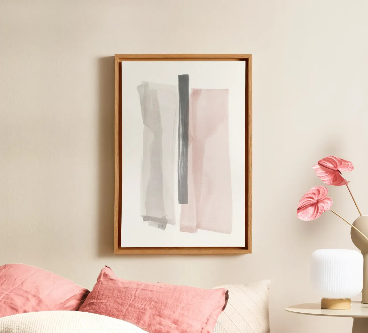 Penseelstreken Roze en Grijs 1 canvas met Baklijst van NouveauPrints