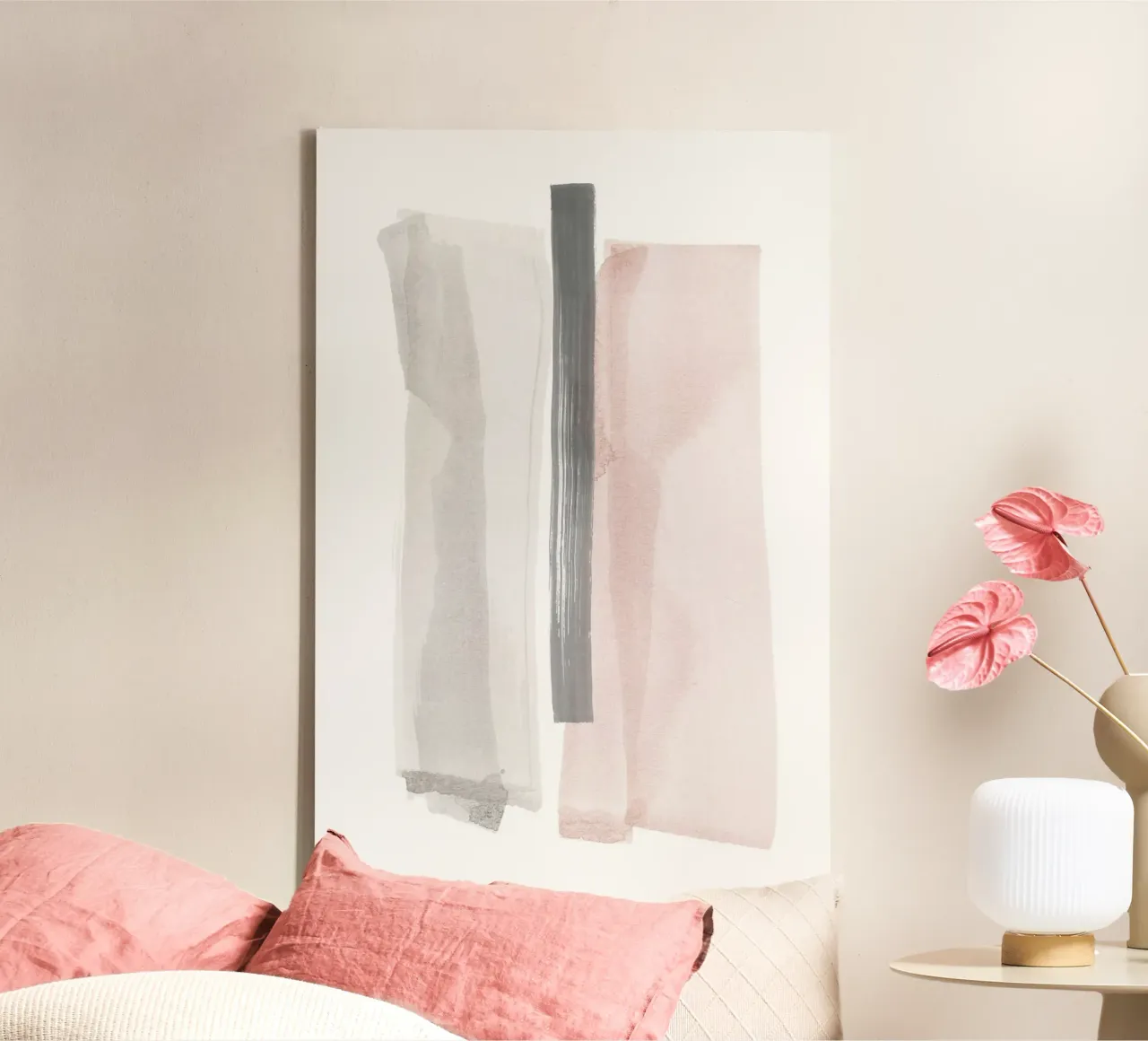 Penseelstreken Roze en Grijs 1 canvas met Baklijst van NouveauPrints