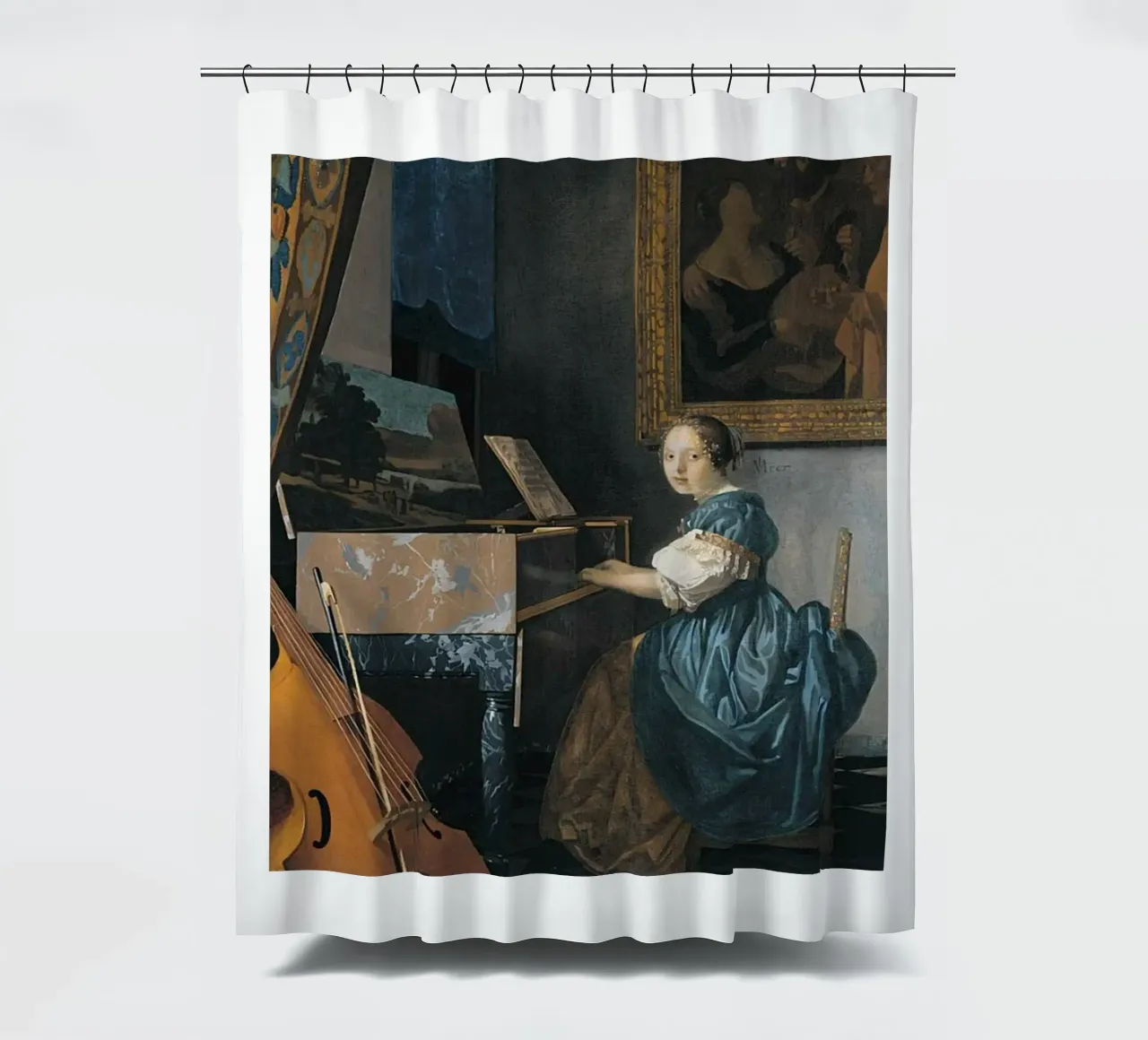 vermeer - woman sitting in front of a keyboard shower curtain by The Dinda