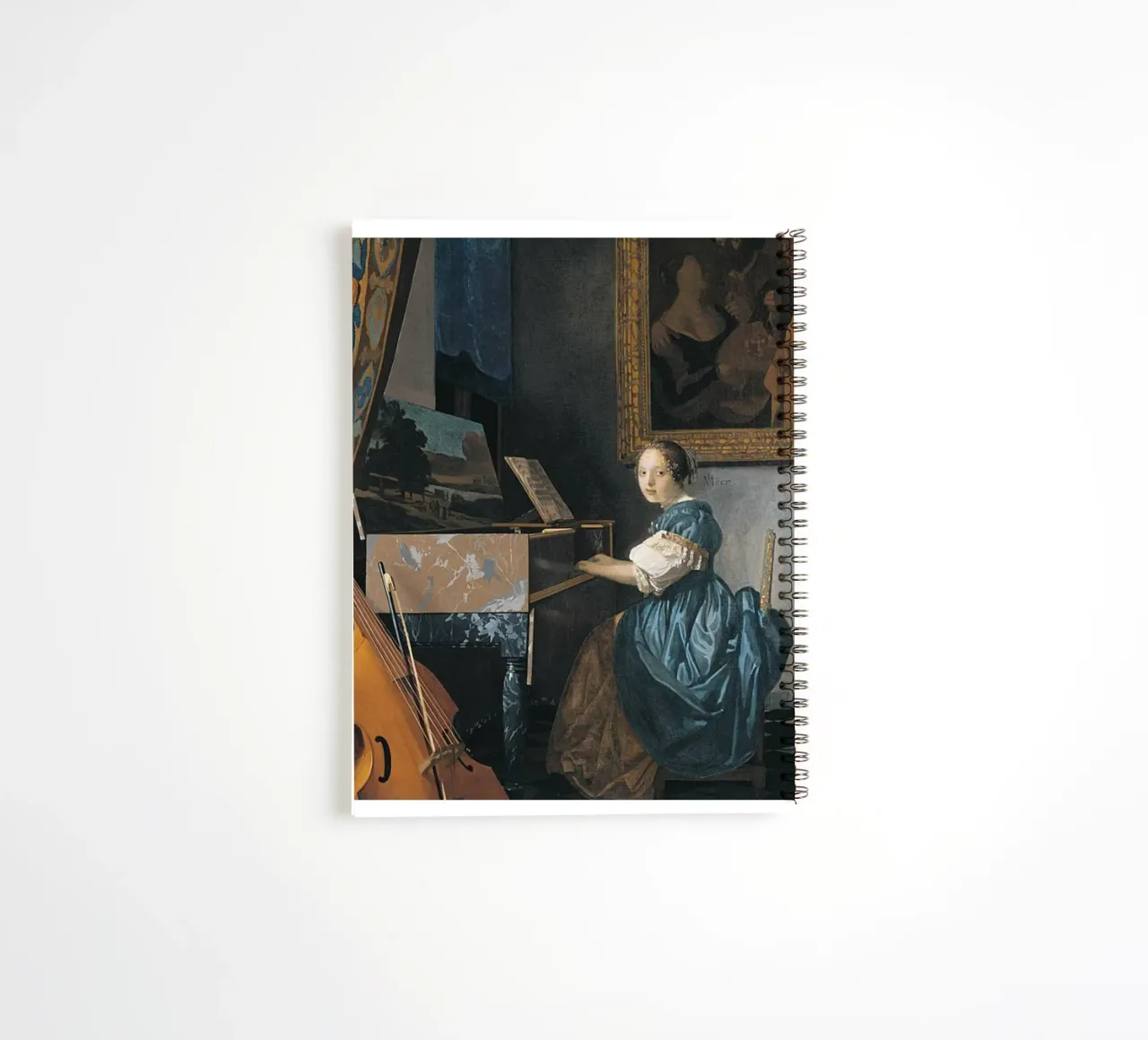 vermeer - woman sitting in front of a keyboard spiral notebook by The Dinda