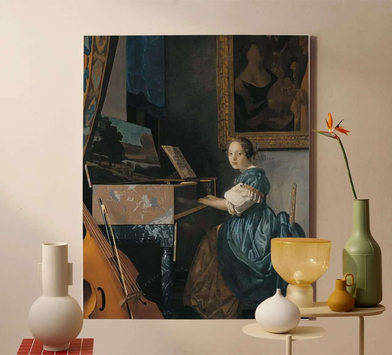 vermeer - woman sitting in front of a keyboard canvas with Floater frame by The Dinda