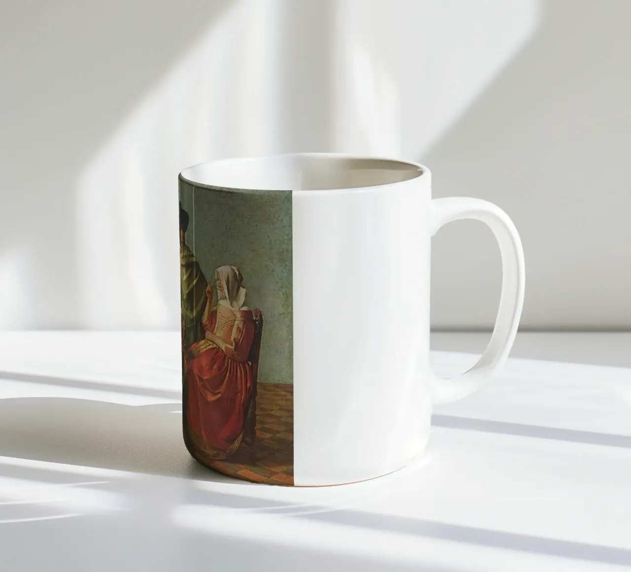 vermeer - marito e moglie seduti al tavolo da pranzo tazza in ceramica da The Dinda
