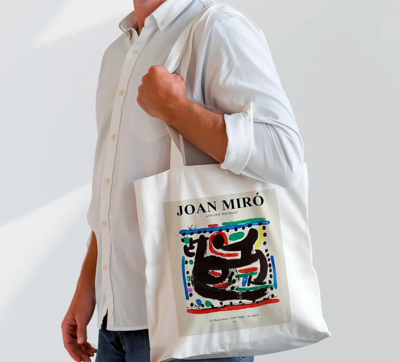 Manifesto della mostra Joan Miro atelier mourlot borsa in juta da phillipp veisenberg