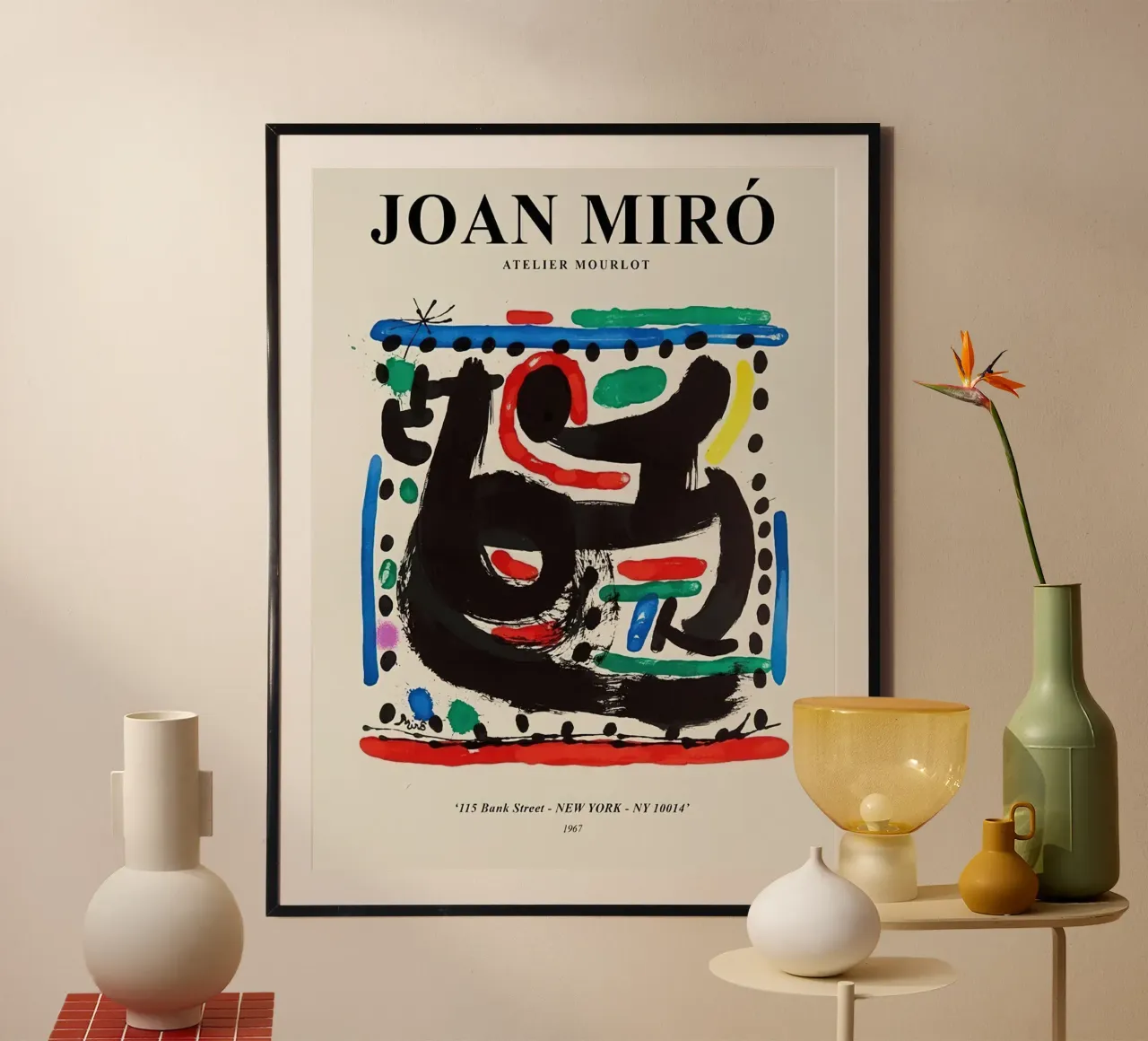 Manifesto della mostra Joan Miro atelier mourlot poster con telaio in legno da phillipp veisenberg