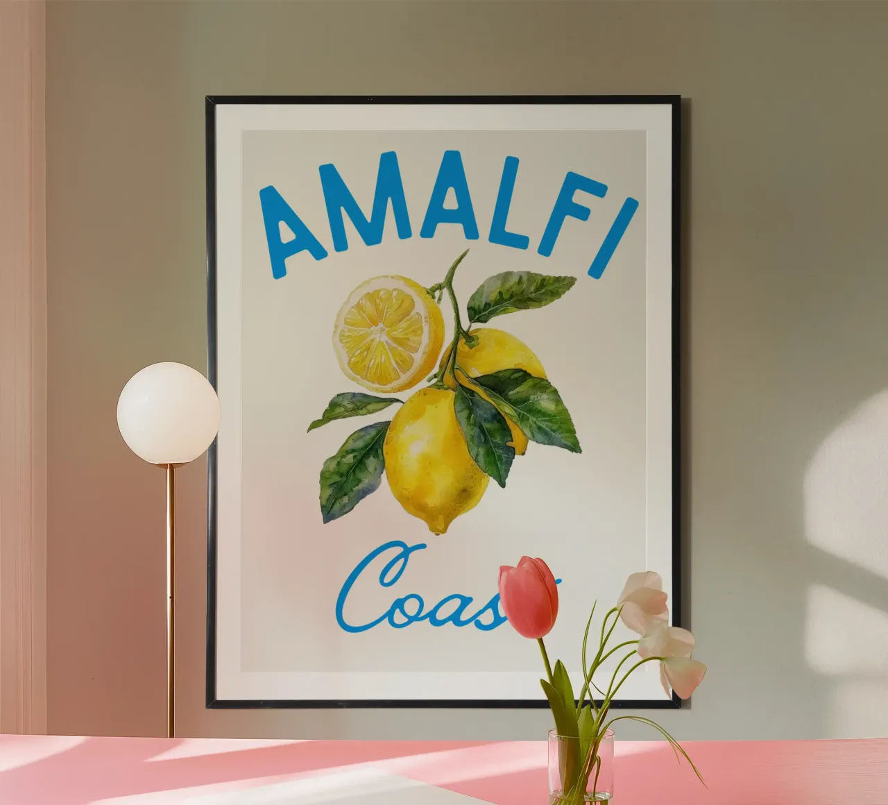 Amalfiküste Zitrone Aquarell Illustration Poster mit Holzrahmen von The Quote Collective