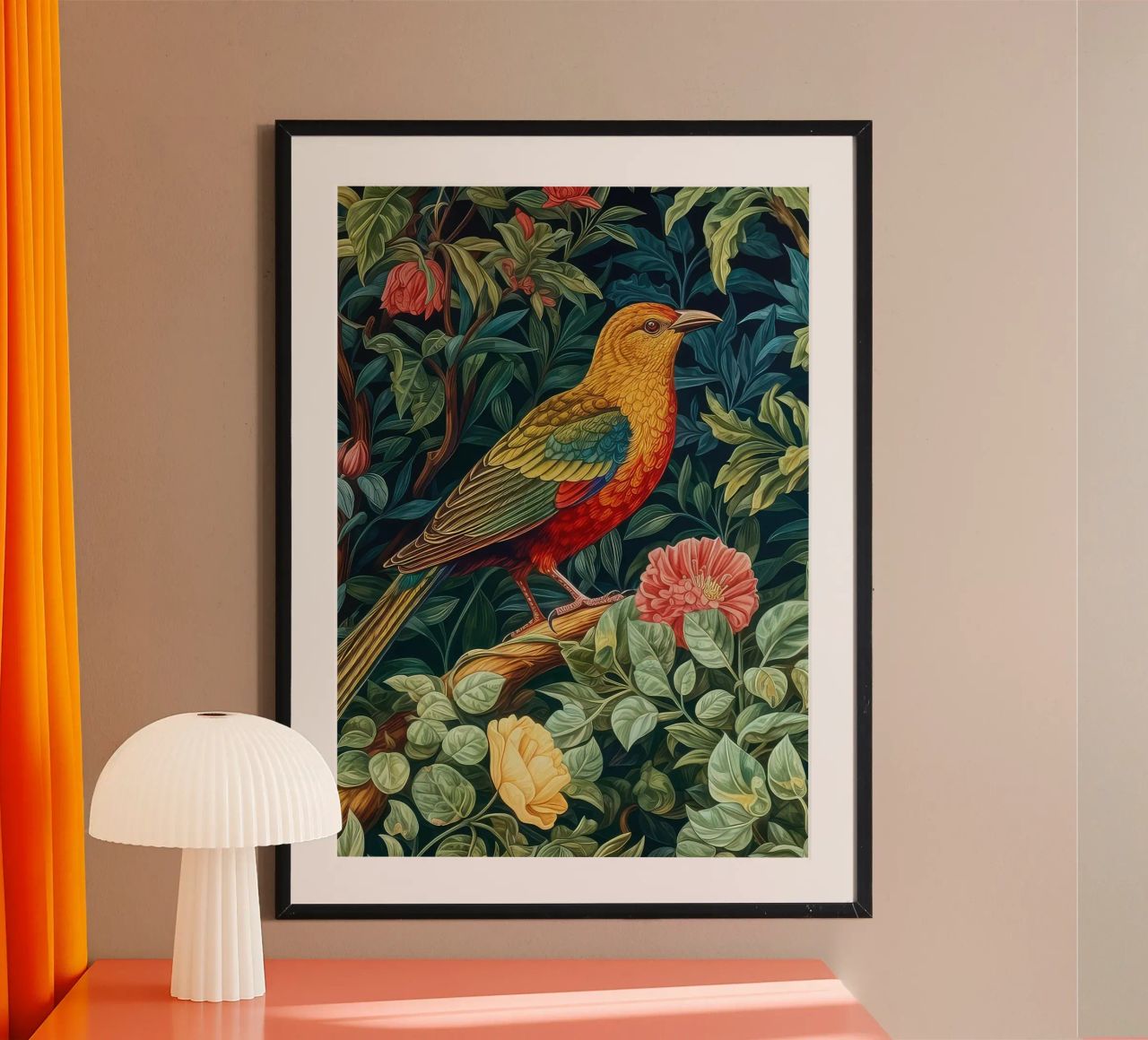 perched bird tropical lush greenery william morris poster by komo store