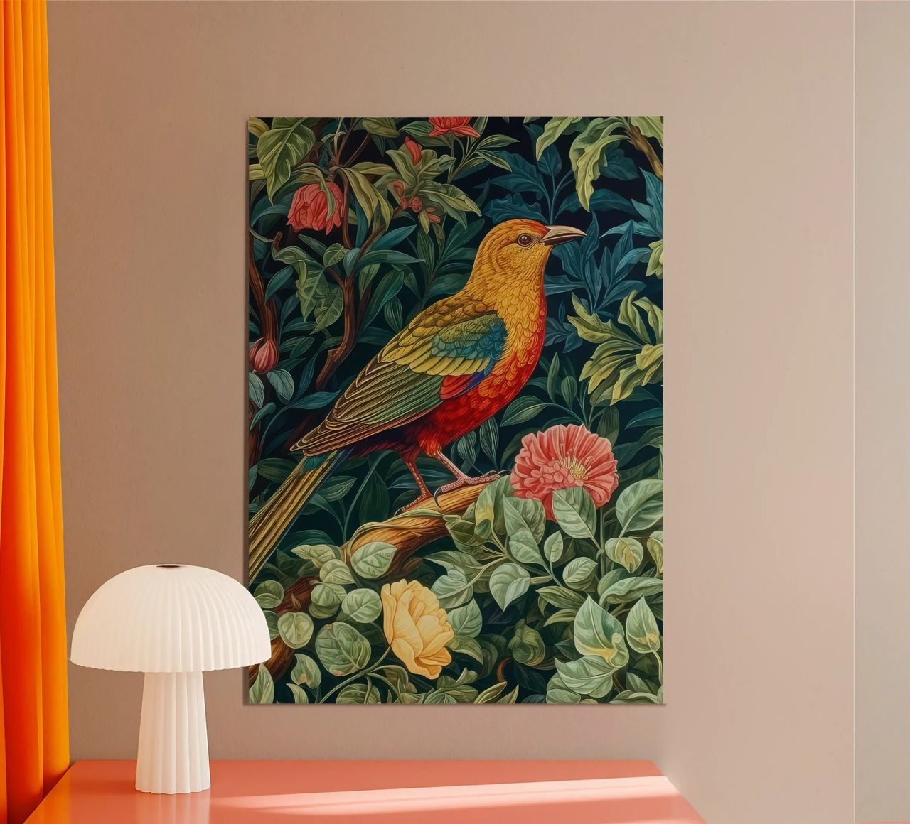 perched bird tropical lush greenery william morris poster by komo store