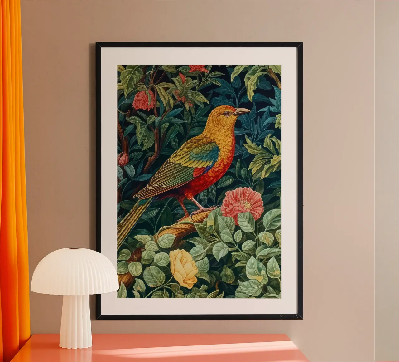 uccello appollaiato tropicale verde lussureggiante william morris poster con telaio in alluminio da komo store