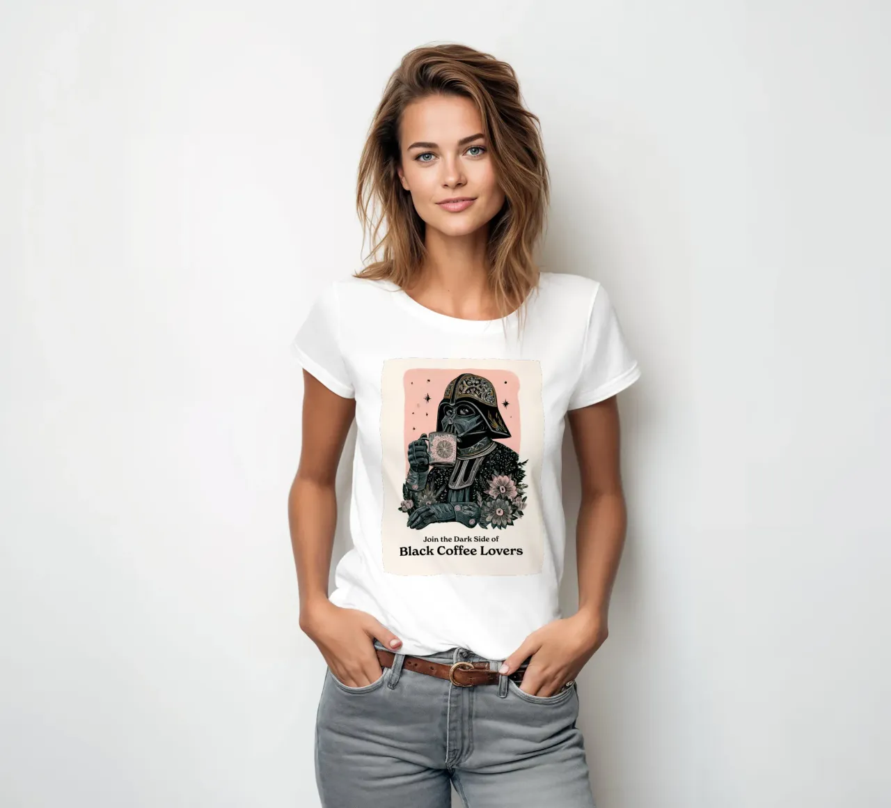 Darth Vader beve il caffè nero Poster - Star Wars Woodblock t-shirt da donna da Kaji