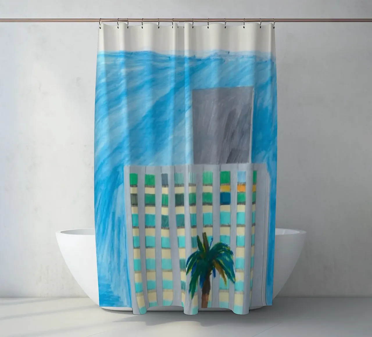 Insurance Building and Palm Tree shower curtain by khanrosie