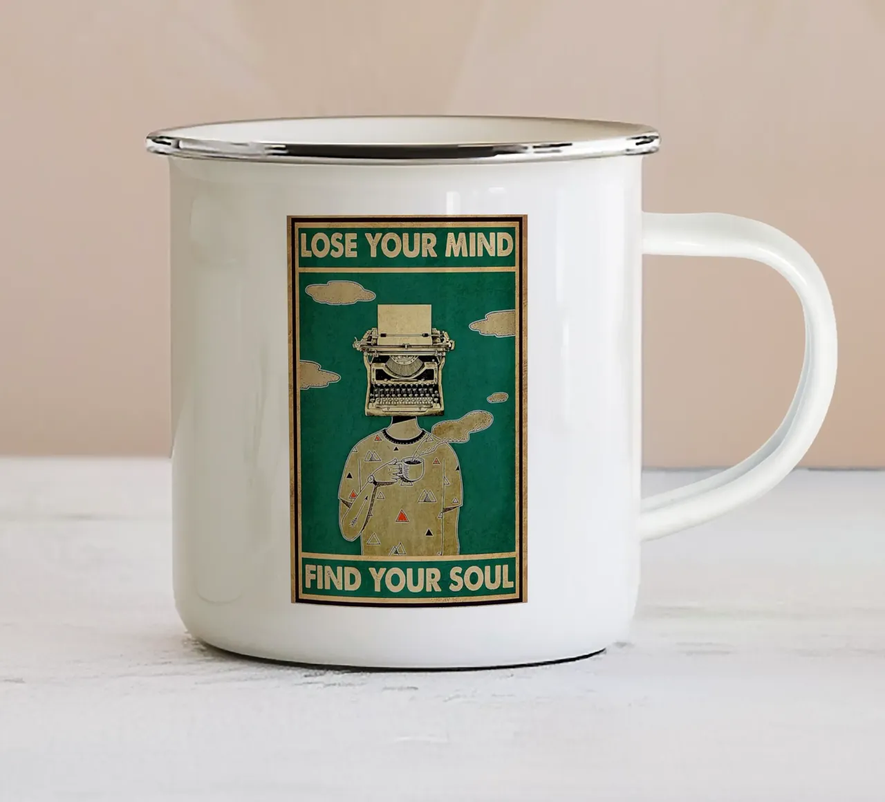 Verliere deinen Verstand, finde deine Seele, hart arbeitend, Kaffeeliebhaber Emaille Tasse von Aaronshop