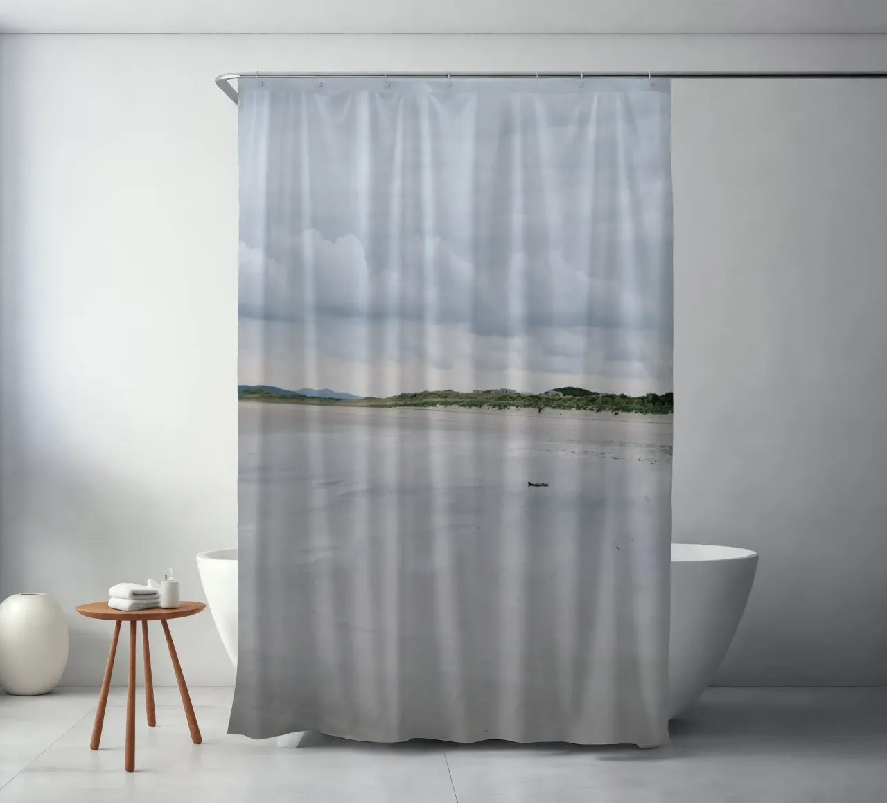 Between sky and sand shower curtain by The Wild Creative Studio