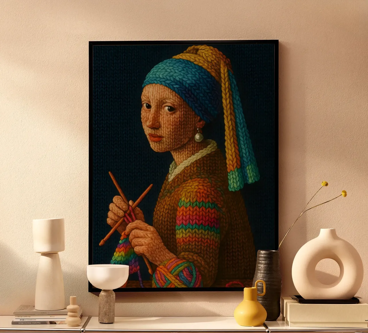 Ragazza con l'orecchino di perla Lavorare a maglia poster con telaio in alluminio da ARTOMATIC