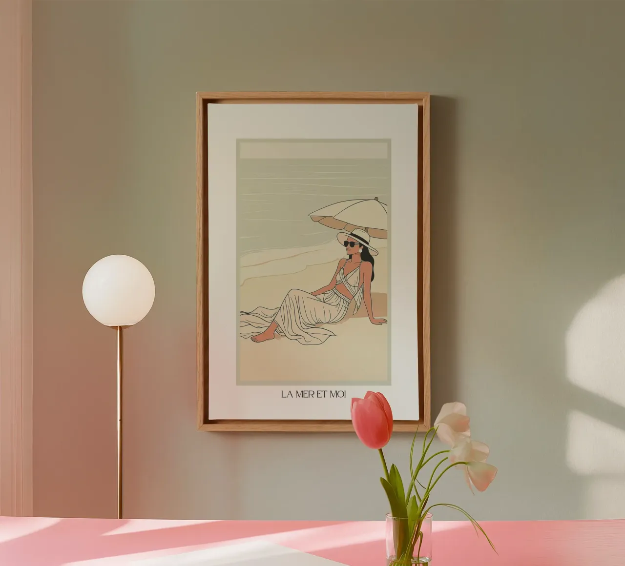 Retro beach poster "La Mer et Moi" Minimalist wall art canvas with Floater frame by purelinia