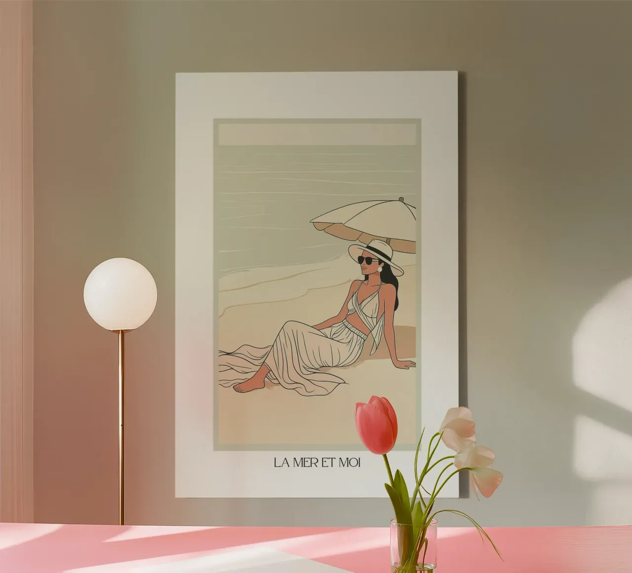 Retro beach poster "La Mer et Moi" Minimalist wall art canvas with Floater frame by purelinia