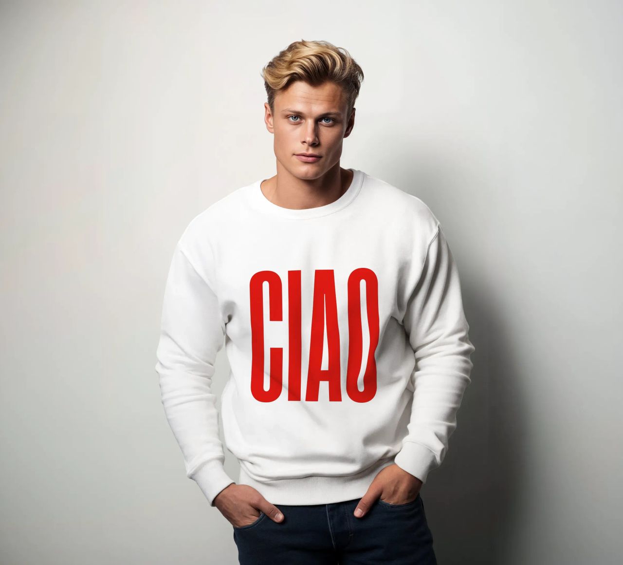 Tipografia minimalista "CIAO" in grassetto rosso felpa da The Quote Collective