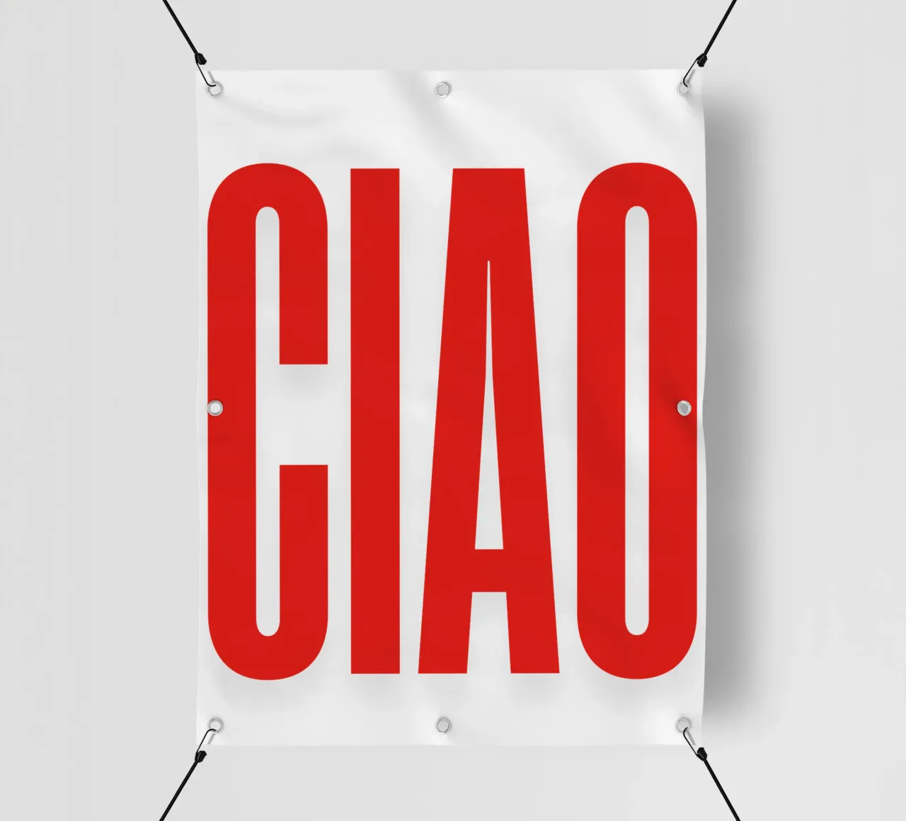 Minimalistische "CIAO" typografie in vette rode letters pvc-zeil van The Quote Collective