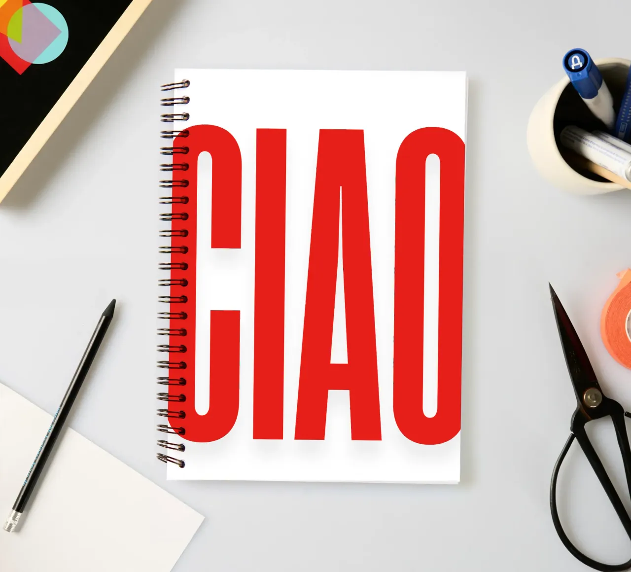 Minimalist “CIAO” Typography in Bold Red Letters spiral notebook by The Quote Collective