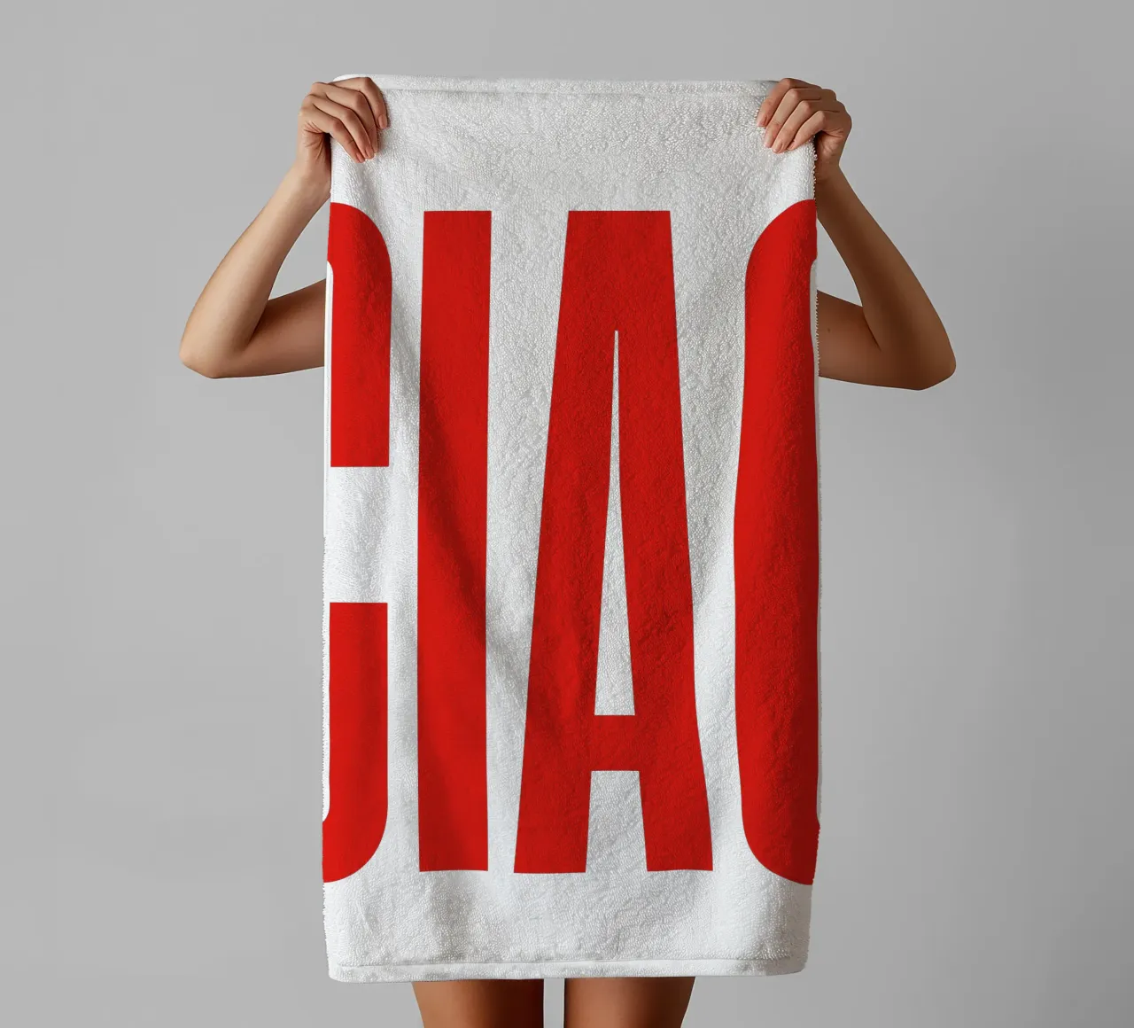Minimalist “CIAO” Typography in Bold Red Letters towel by The Quote Collective