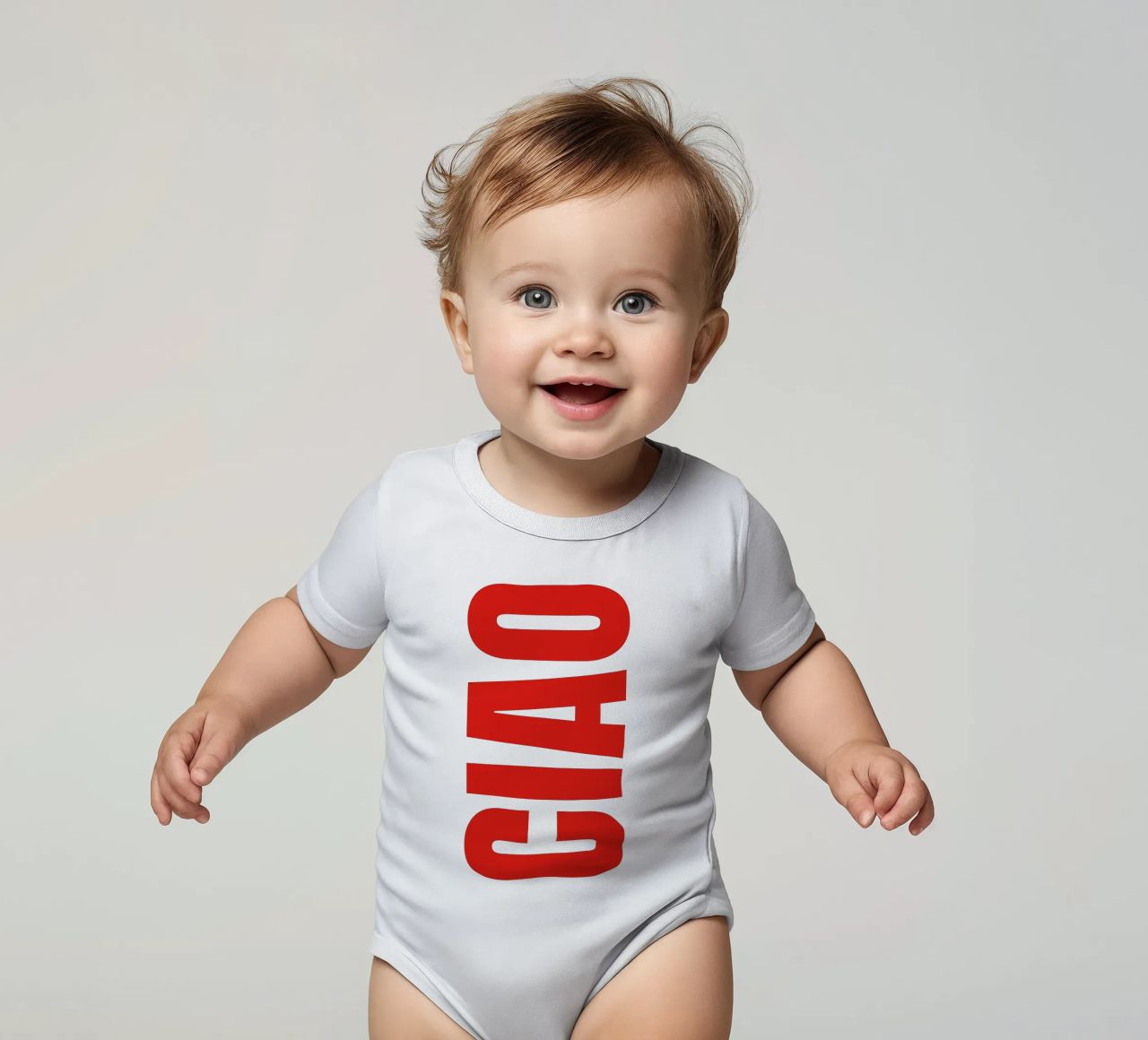 CIAO IN BOLD short-sleeve baby romper by The Quote Collective