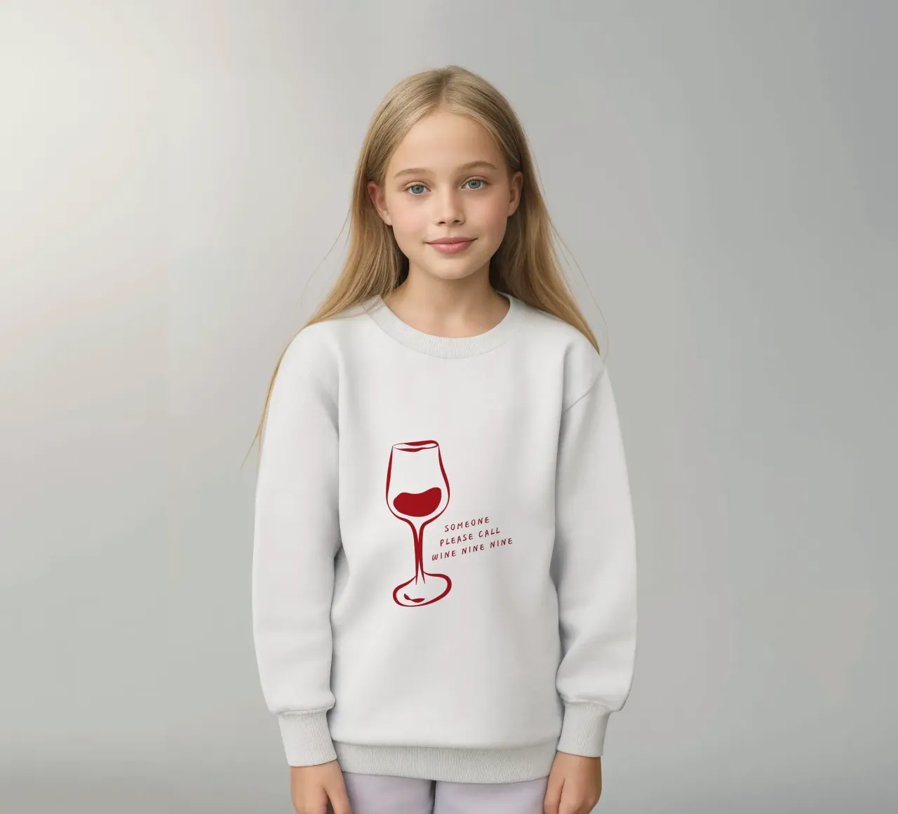 Illustration d'un verre à vin avec une citation de "Wine Nine Nine". sweat enfant de The Quote Collective