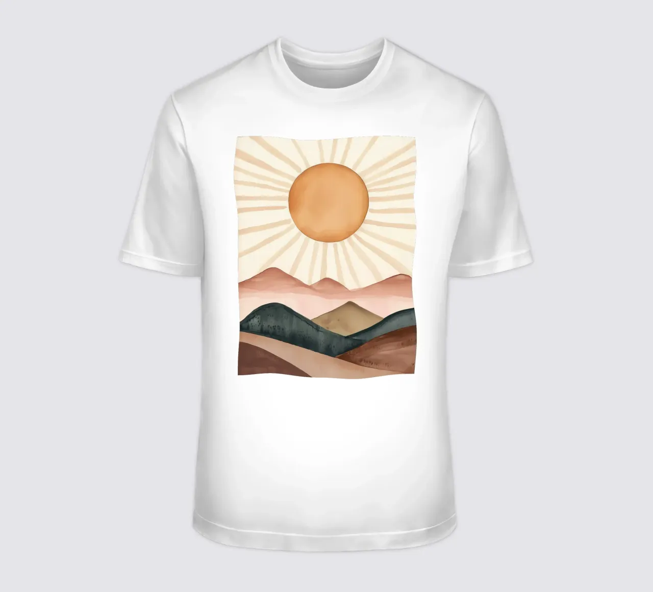 Boho Sun Mountains Abstract Watercolor Calm Minimalist Art t-shirt by Gentle Echoes Art