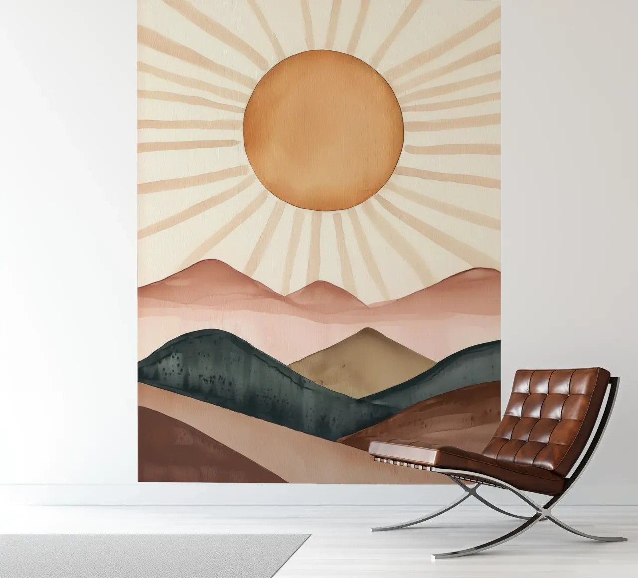 Boho Sun Mountains Abstract Watercolor Calm Minimalist Art photo wallpaper by Gentle Echoes Art