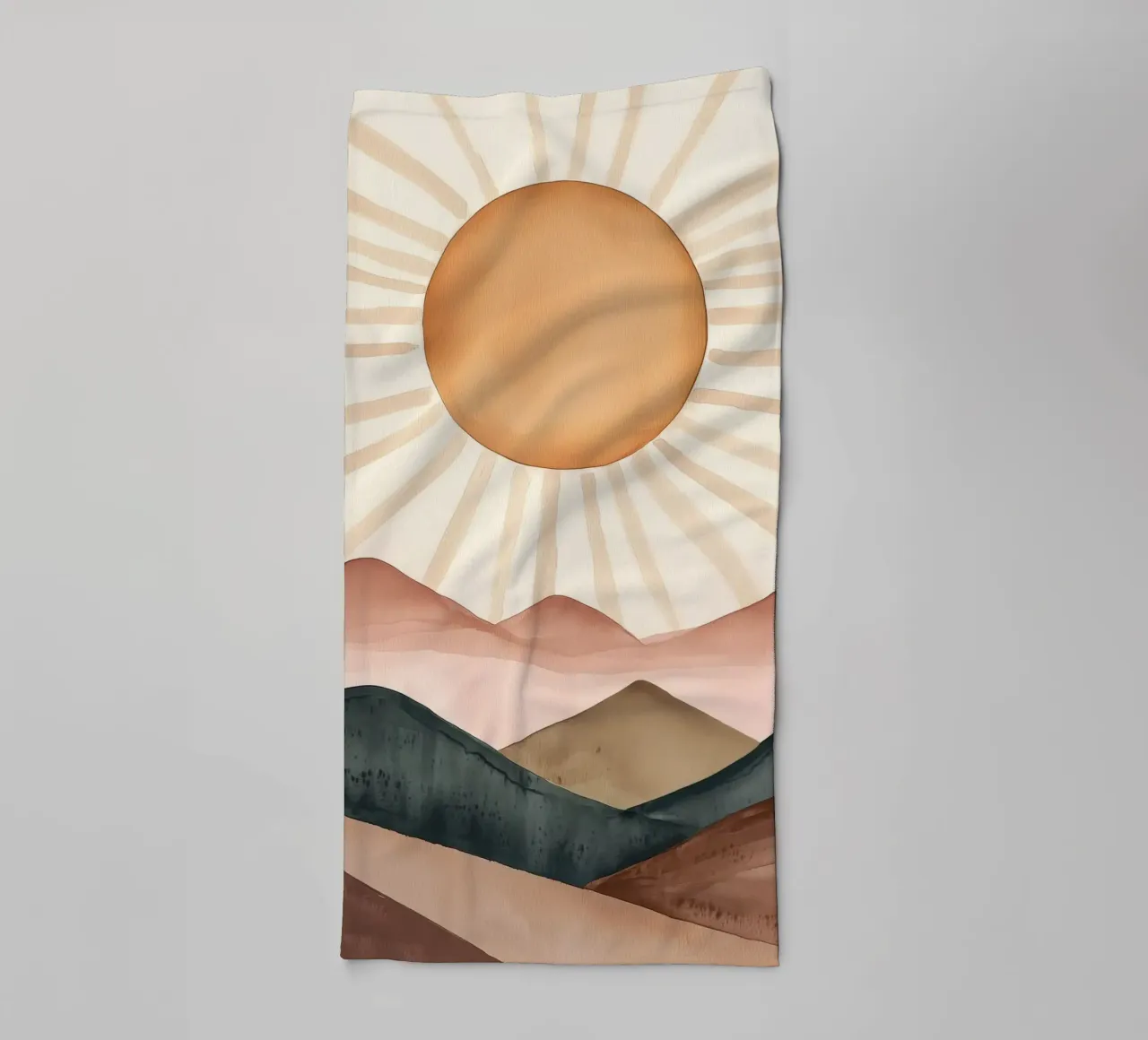 Boho Sun Mountains Abstract Watercolor Calm Minimalist Art towel by Gentle Echoes Art