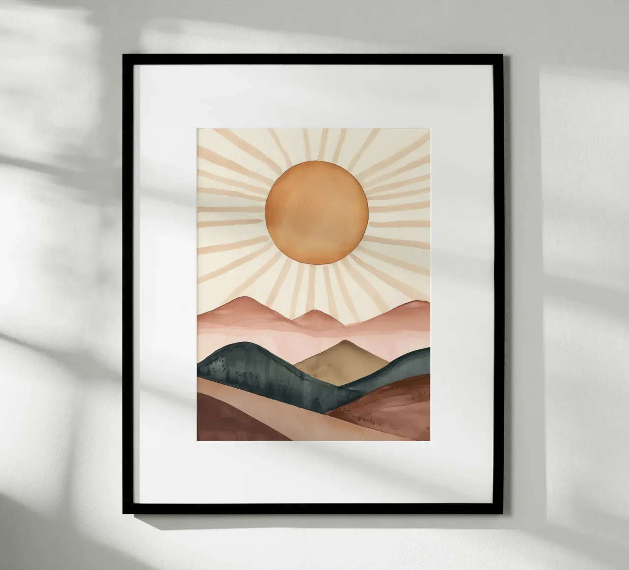 Boho Zon Bergen Abstract Aquarel Kalm Minimalistisch Kunst poster met houten frame van Gentle Echoes Art