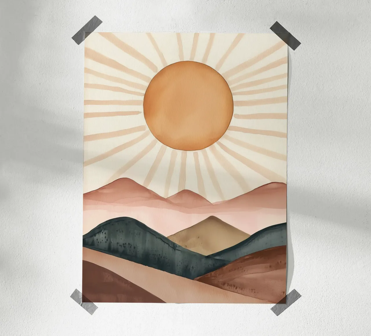Boho Zon Bergen Abstract Aquarel Kalm Minimalistisch Kunst poster met houten frame van Gentle Echoes Art