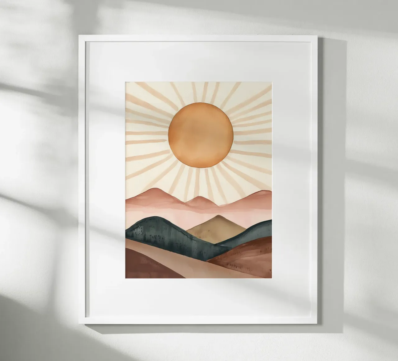 Boho Zon Bergen Abstract Aquarel Kalm Minimalistisch Kunst poster met houten frame van Gentle Echoes Art