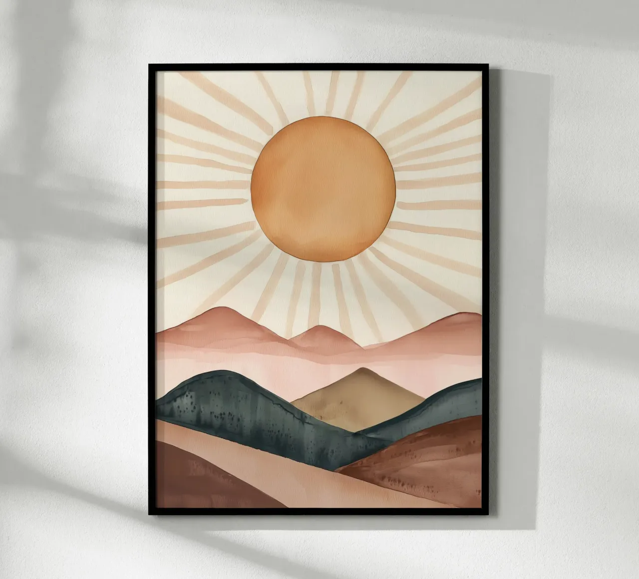 Boho Zon Bergen Abstract Aquarel Kalm Minimalistisch Kunst poster met houten frame van Gentle Echoes Art