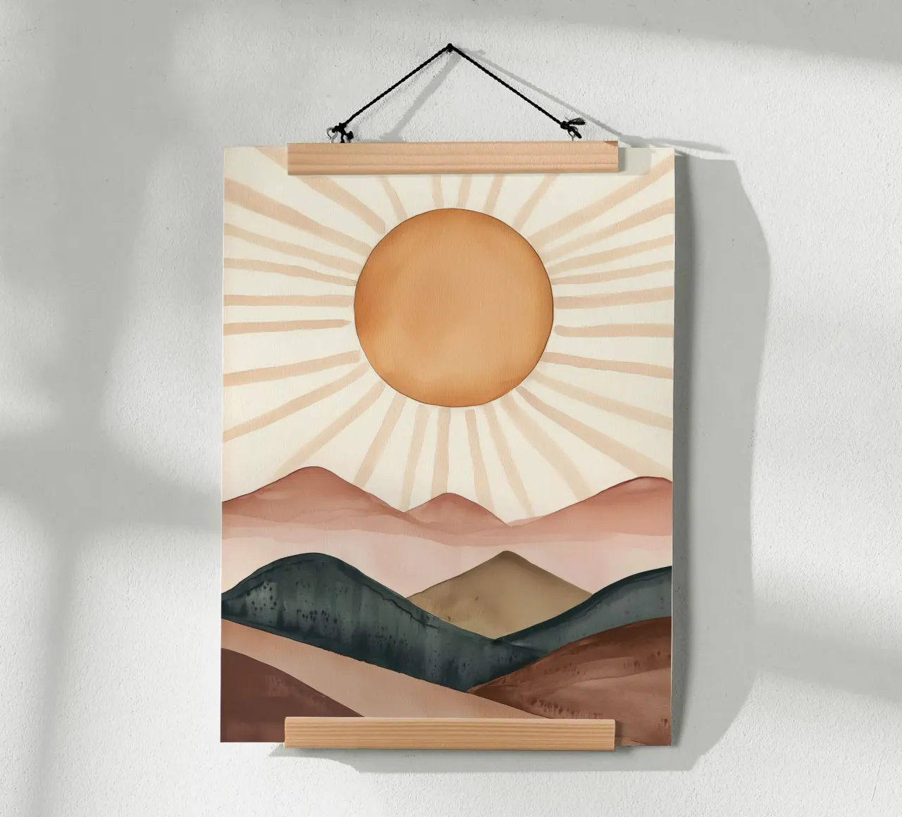 Boho Zon Bergen Abstract Aquarel Kalm Minimalistisch Kunst poster met houten frame van Gentle Echoes Art