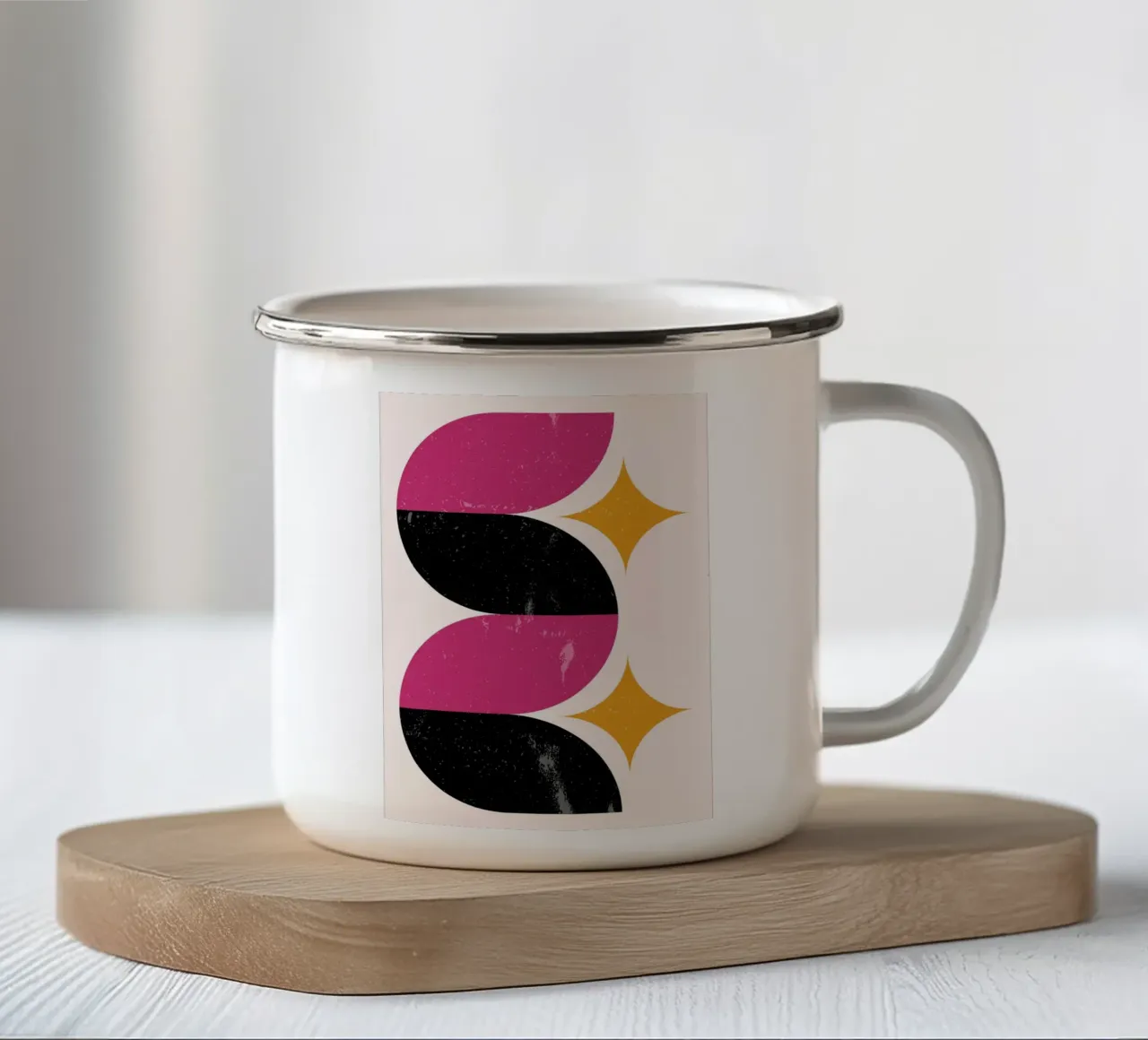 Retro Geometrische Abstracte Kunstdruk van Wavy Shapes & Stars emaille mok van NorwesClub