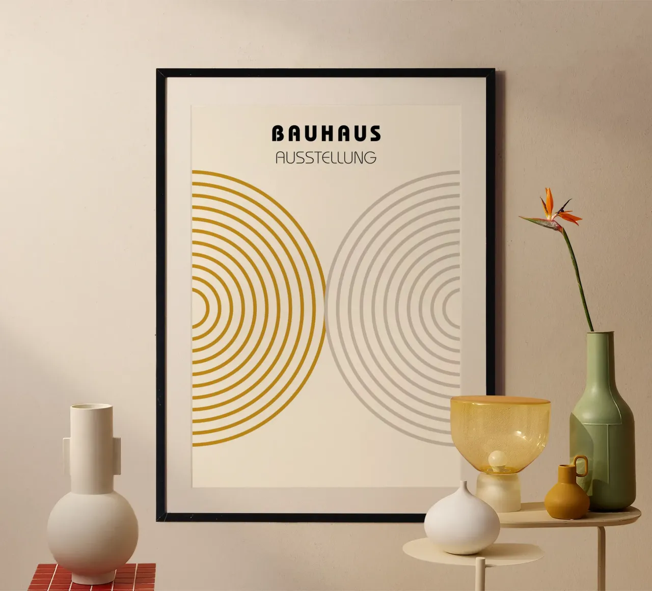 Bauhaus Ausstellung Abstract Circle Line Art by Modernist Cu Poster mit Holzrahmen von NorwesClub