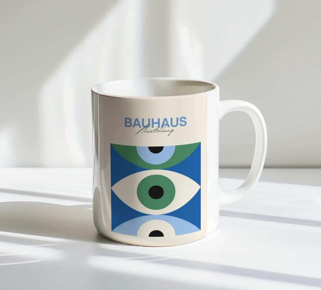 Bauhaus Eye Abstract Art Print by Modernist Forms, Green Blu ceramic mug by NorwesClub