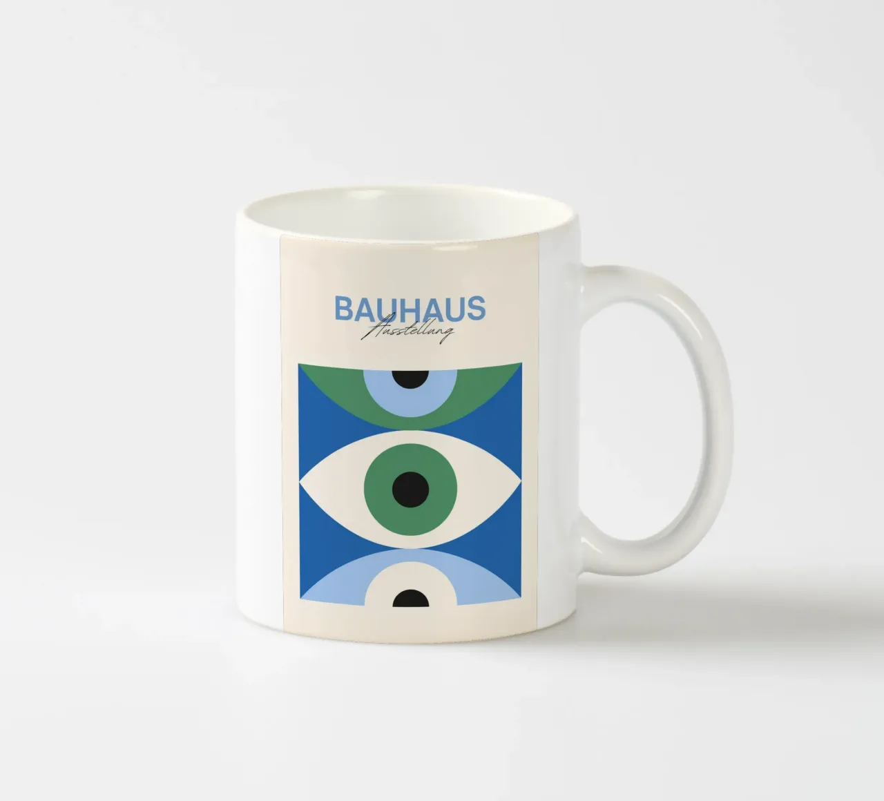 Bauhaus Eye Abstract Art Print by Modernist Forms, Green Blu ceramic mug by NorwesClub