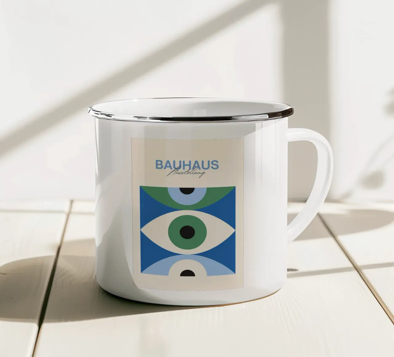 Bauhaus Eye abstracte kunstdruk van Modernist Forms, Green Blu emaille mok van NorwesClub