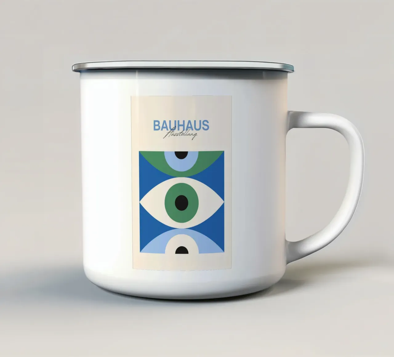 Bauhaus Eye abstracte kunstdruk van Modernist Forms, Green Blu emaille mok van NorwesClub