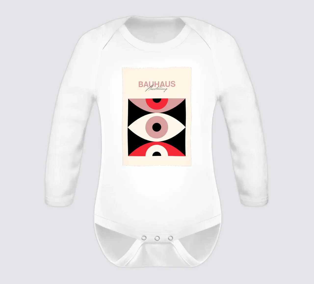 Bauhaus Eye Abstract Art Print by Modernist Forms, Red Pink long-sleeve baby romper by NorwesClub