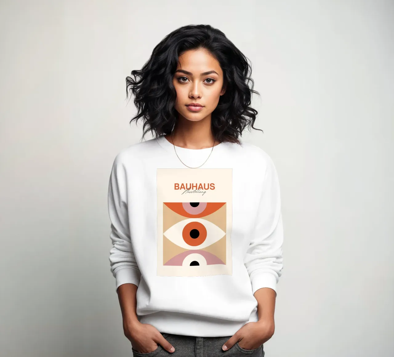 Bauhaus Eye abstracte kunstdruk van Modernist Forms, Orange Pi sweatshirt van NorwesClub