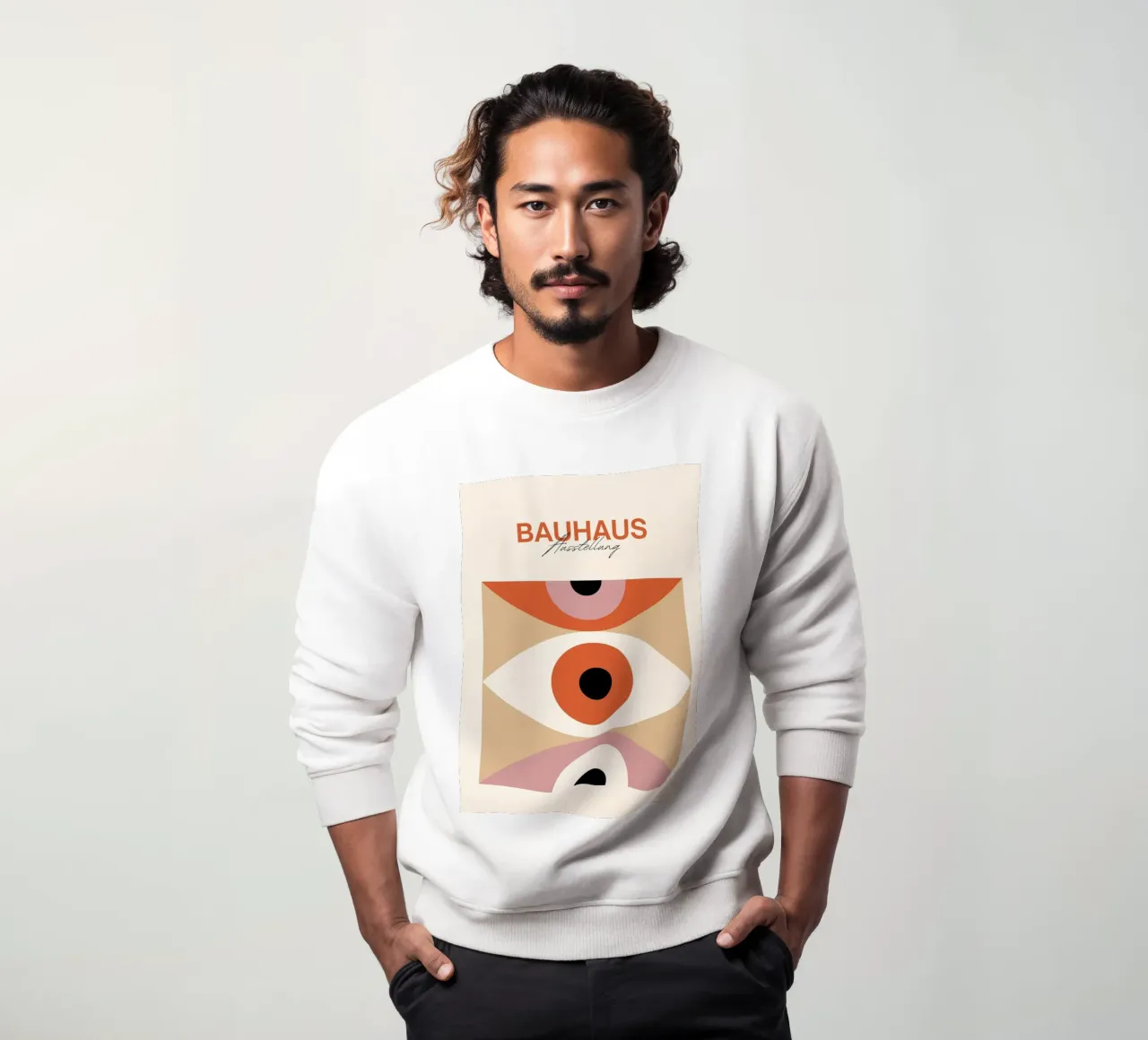 Bauhaus Eye abstracte kunstdruk van Modernist Forms, Orange Pi sweatshirt van NorwesClub