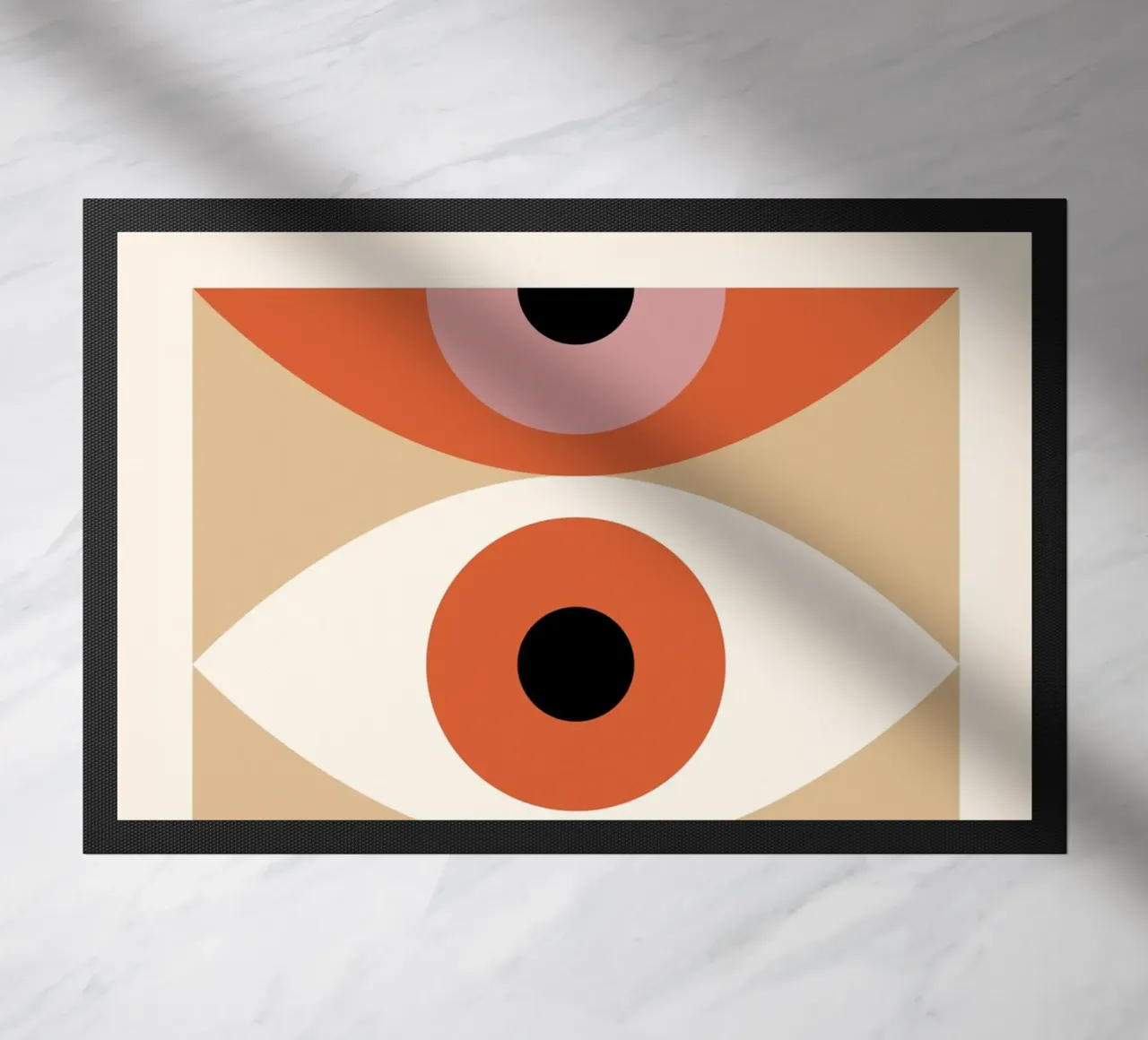 Bauhaus Eye Abstract Art Print by Modernist Forms, Orange Pi doormat by NorwesClub