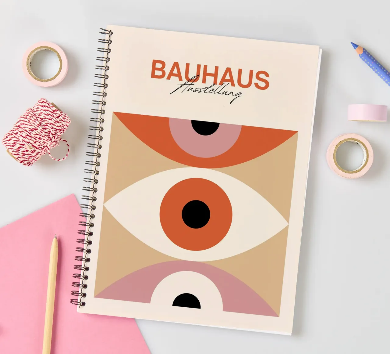 Bauhaus Eye Abstract Art Print by Modernist Forms, Orange Pi spiral notebook by NorwesClub